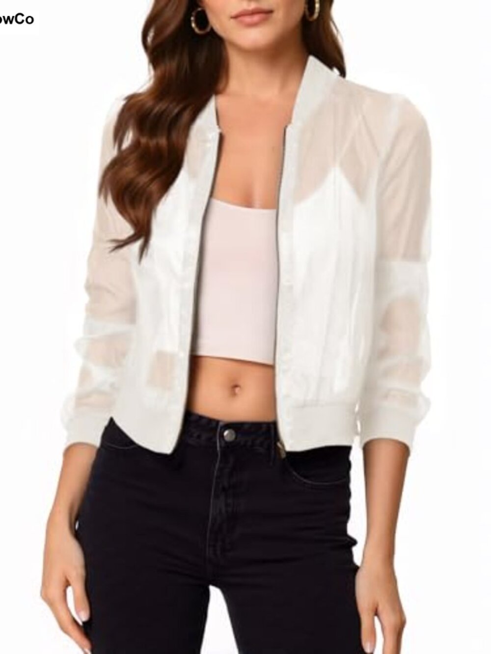 Women's Sheer Mesh Bomber Jacket Crop Long Sleeve Zip Up Lightweight